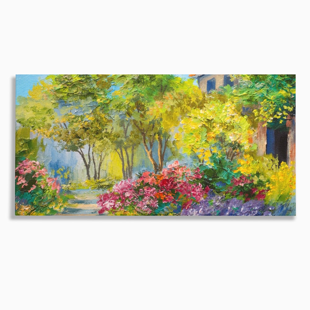 Tablou canvas cu tablou canvas cu peisaj de vara si flori, fara rama, pe sasiu de lemn